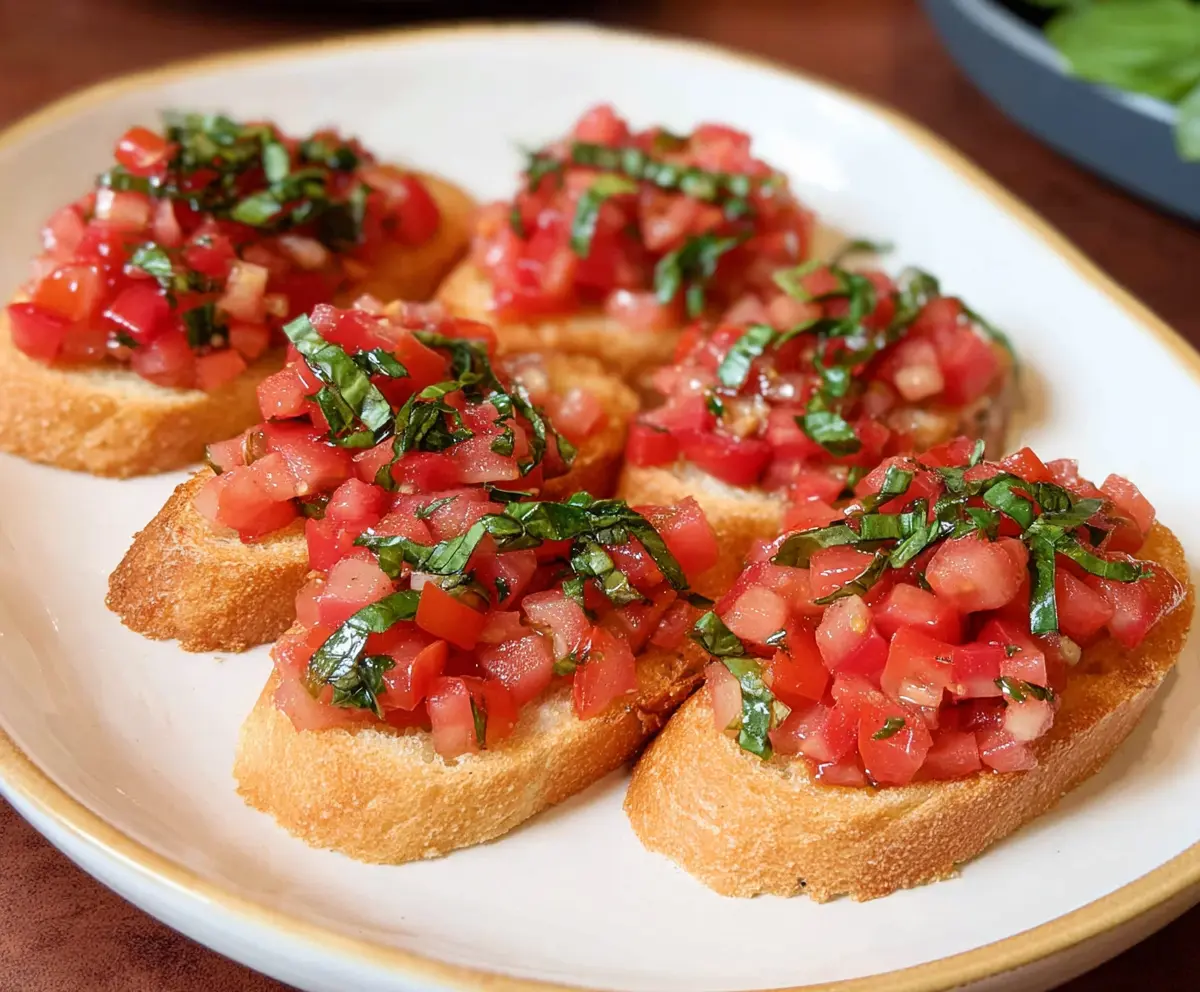 Fresh Tomato Basil Bruschetta on toasted baguette, perfect for an appetizer or snack