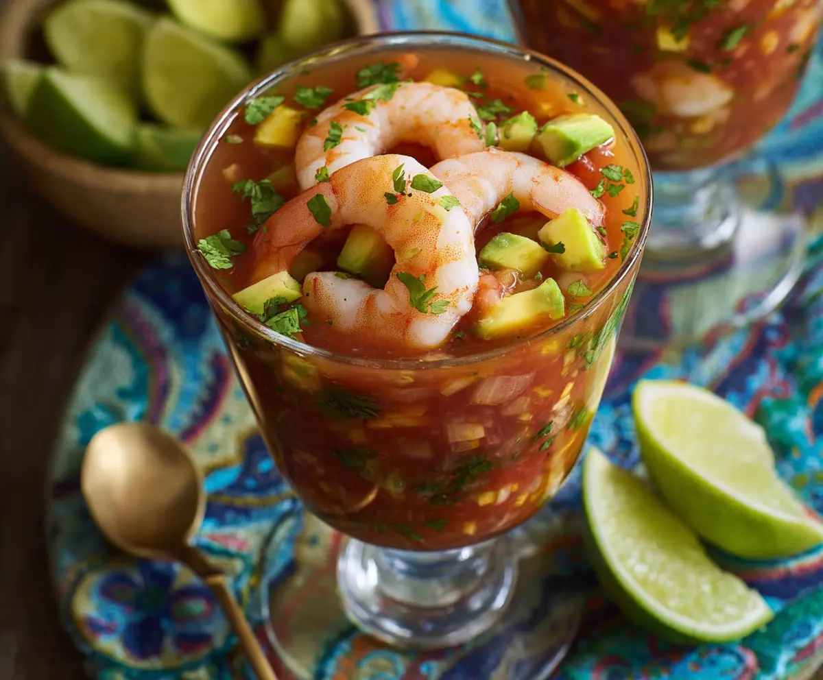 Delicious authentic Mexican shrimp cocktail served in a glass bowl with fresh lime and cilantro.