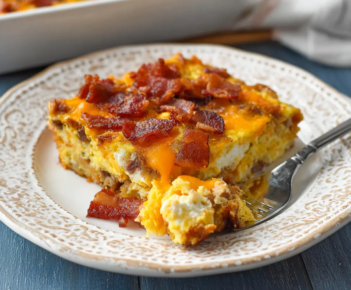 Delicious bacon breakfast casserole with eggs, cheese, and herbs served in a baking dish.