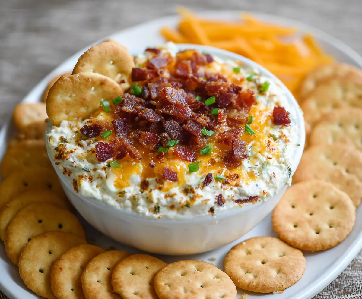 Delicious Bacon Cheddar Crack Dip served in a bowl with crispy bacon bits and melted cheddar cheese.