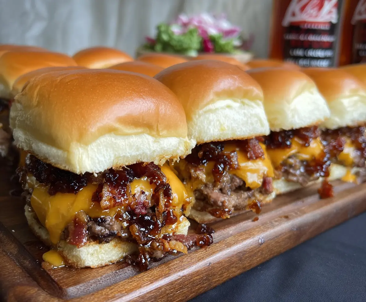 Delicious Bacon Jam Cheeseburger Sliders with melted cheese and crispy bacon on soft buns.