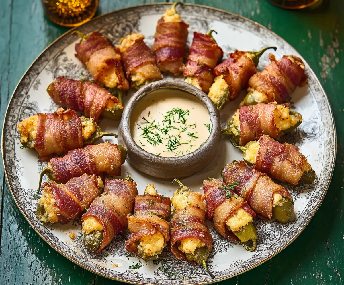 Bacon-wrapped pickle poppers on a plate, ready to serve as savory appetizers.