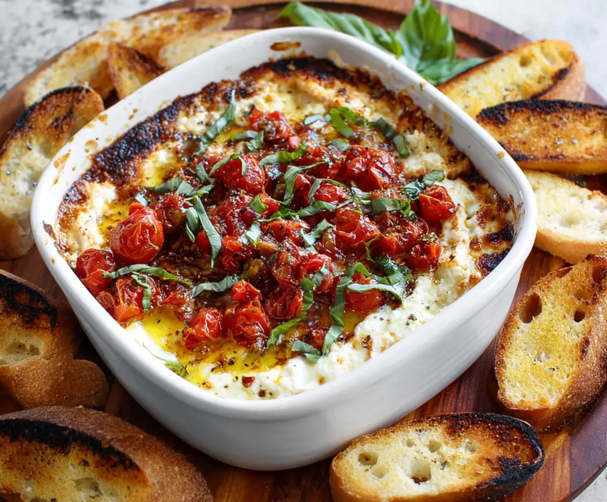 Creamy baked goat cheese bruschetta dip served with fresh baguette slices