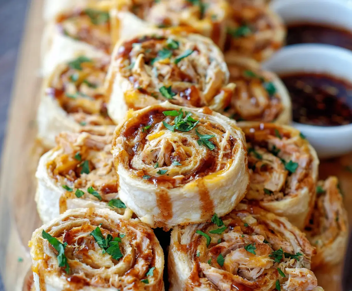 Delicious BBQ Chicken Cheddar Pinwheels on a platter, perfect for snack or party appetizers.