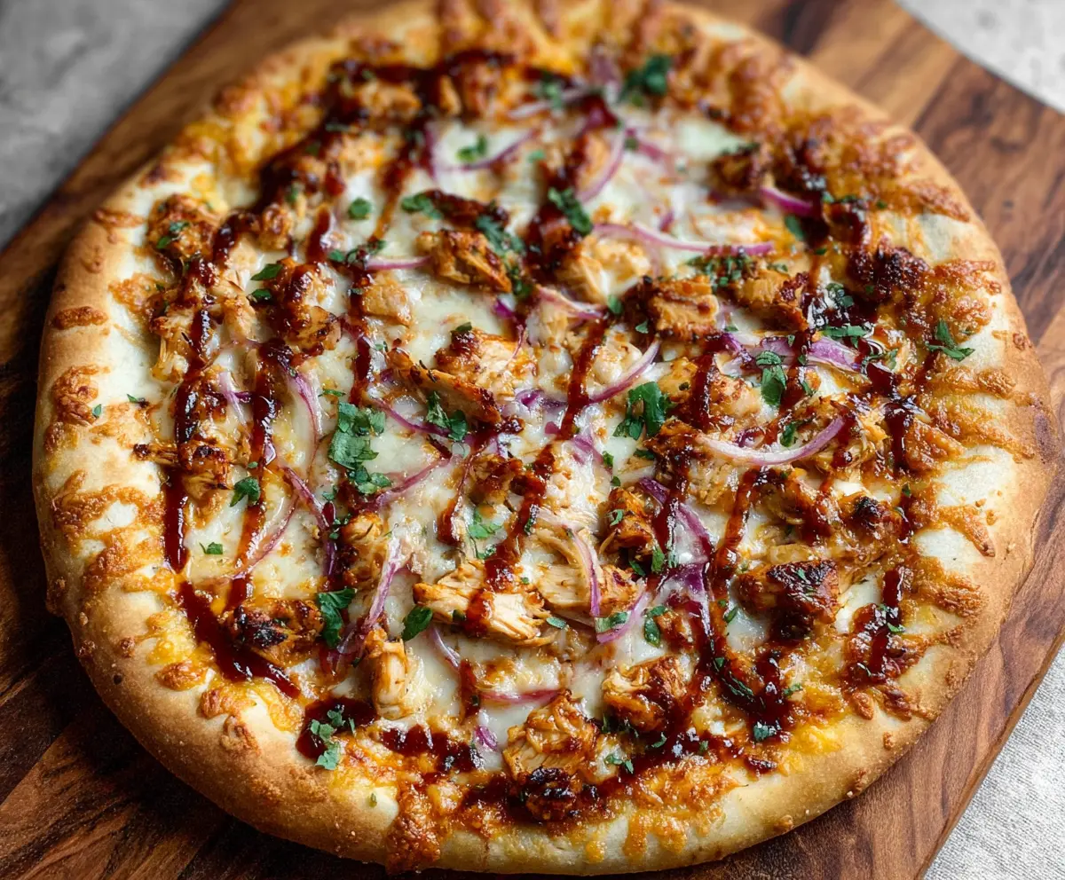 Delicious BBQ Chicken Pizza topped with melted cheese and fresh herbs.