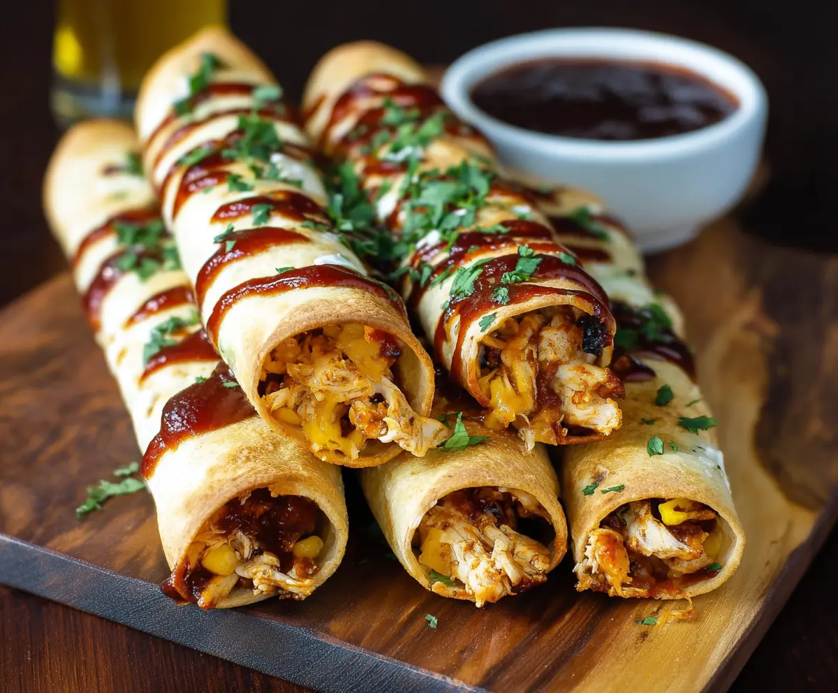 Delicious crispy BBQ chicken taquitos served with dipping sauce.