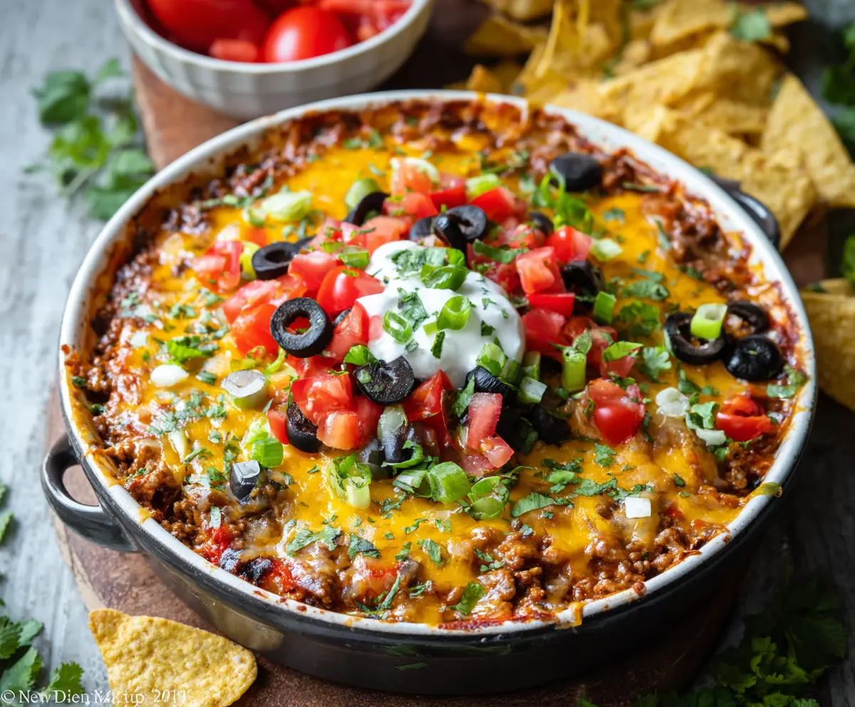 Delicious beefy taco dip with melted cheese, fresh tomatoes, and crisp lettuce garnished on a serving platter.