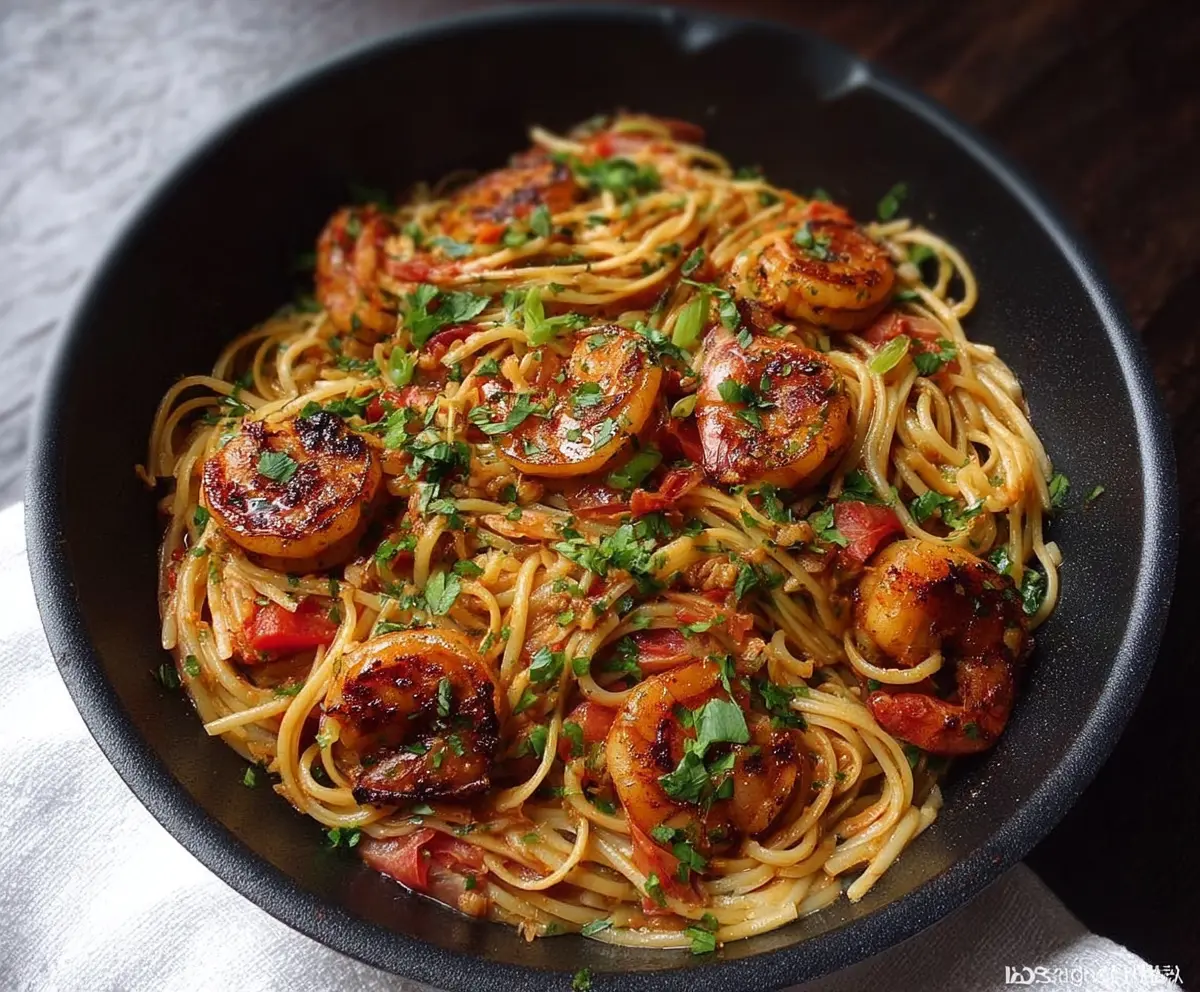 Delicious blackened shrimp served over a bed of creamy pasta with herbs