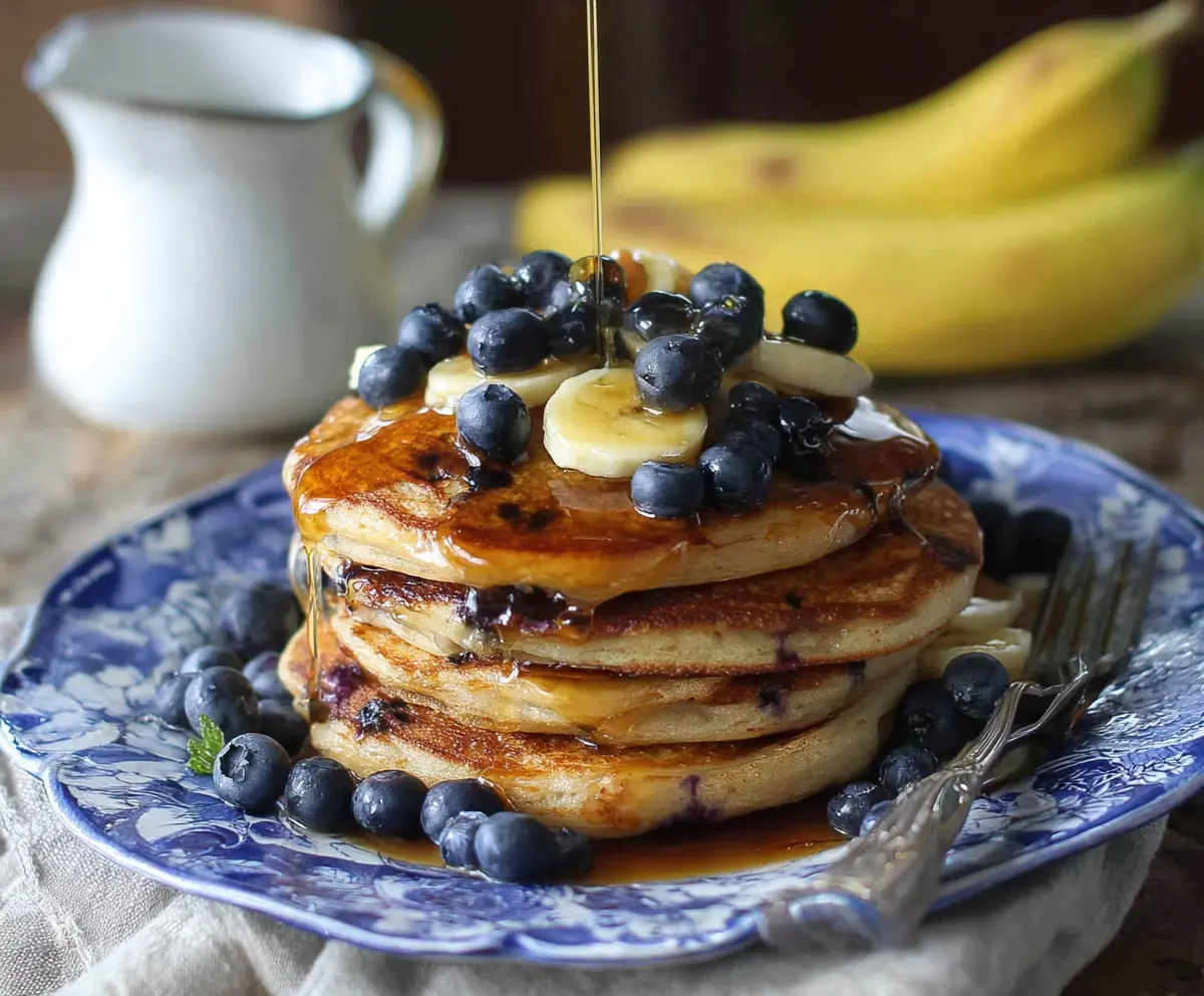 Delicious blueberry banana pancakes stacked on a plate, topped with fresh blueberries and banana slices.