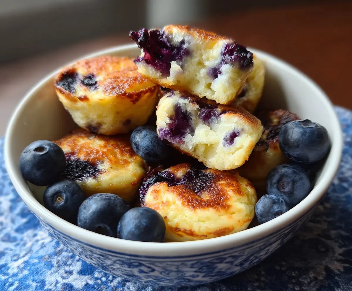 Delicious Blueberry Cottage Cheese Pancake Bites on a plate with fresh blueberries and syrup