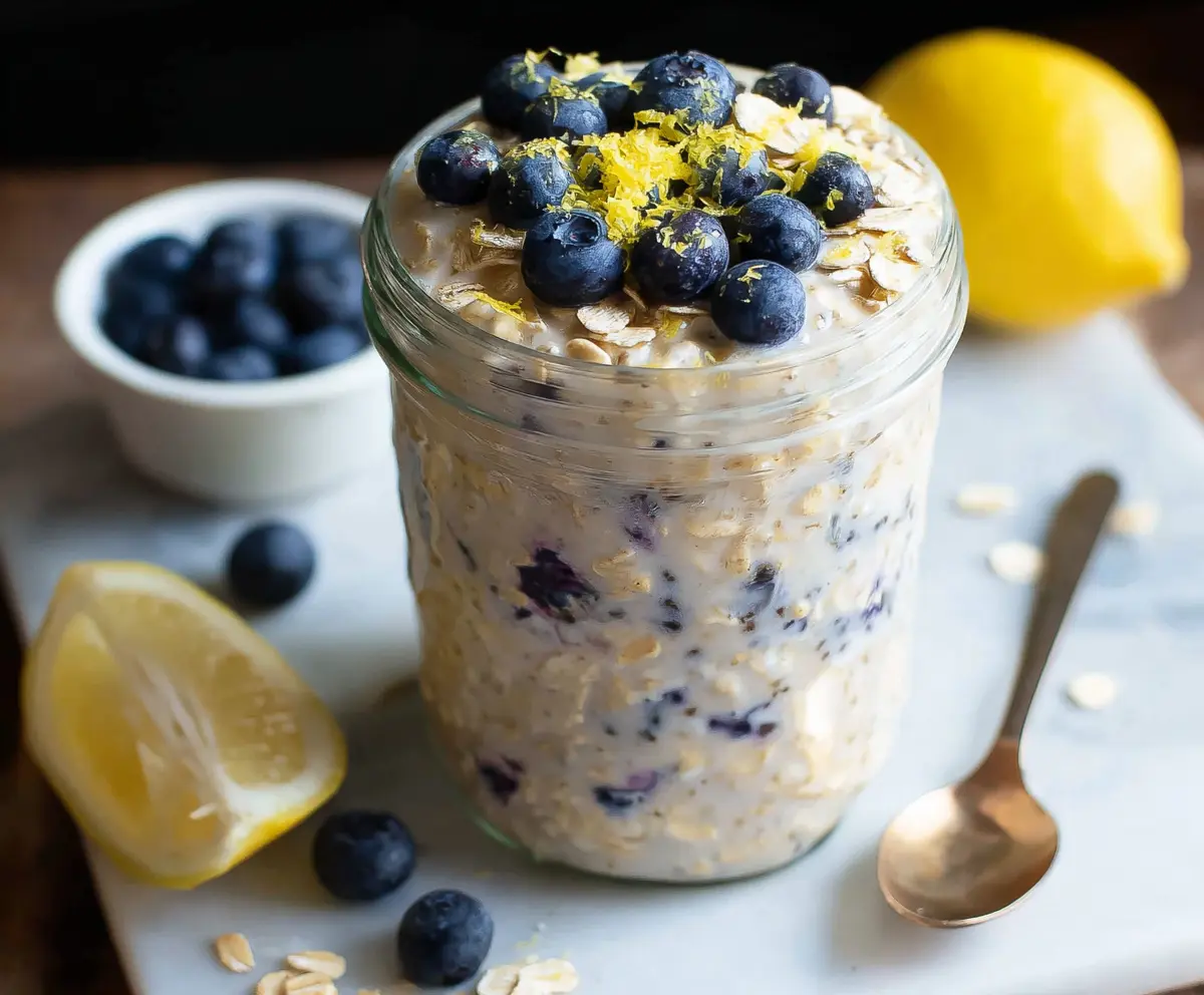 A jar of blueberry lemon overnight oats topped with fresh blueberries and lemon zest.