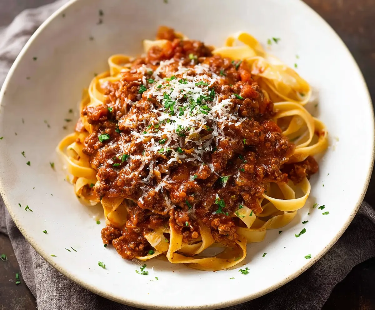 Delicious homemade Bolognese pasta with rich meat sauce and fresh herbs.