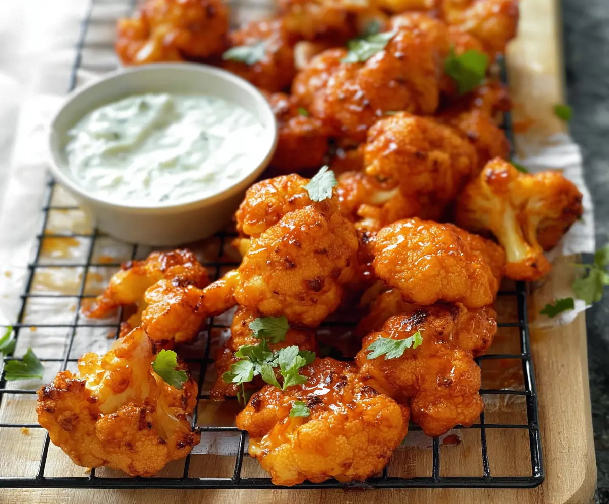 Spicy baked Buffalo cauliflower wings with celery sticks on a white plate