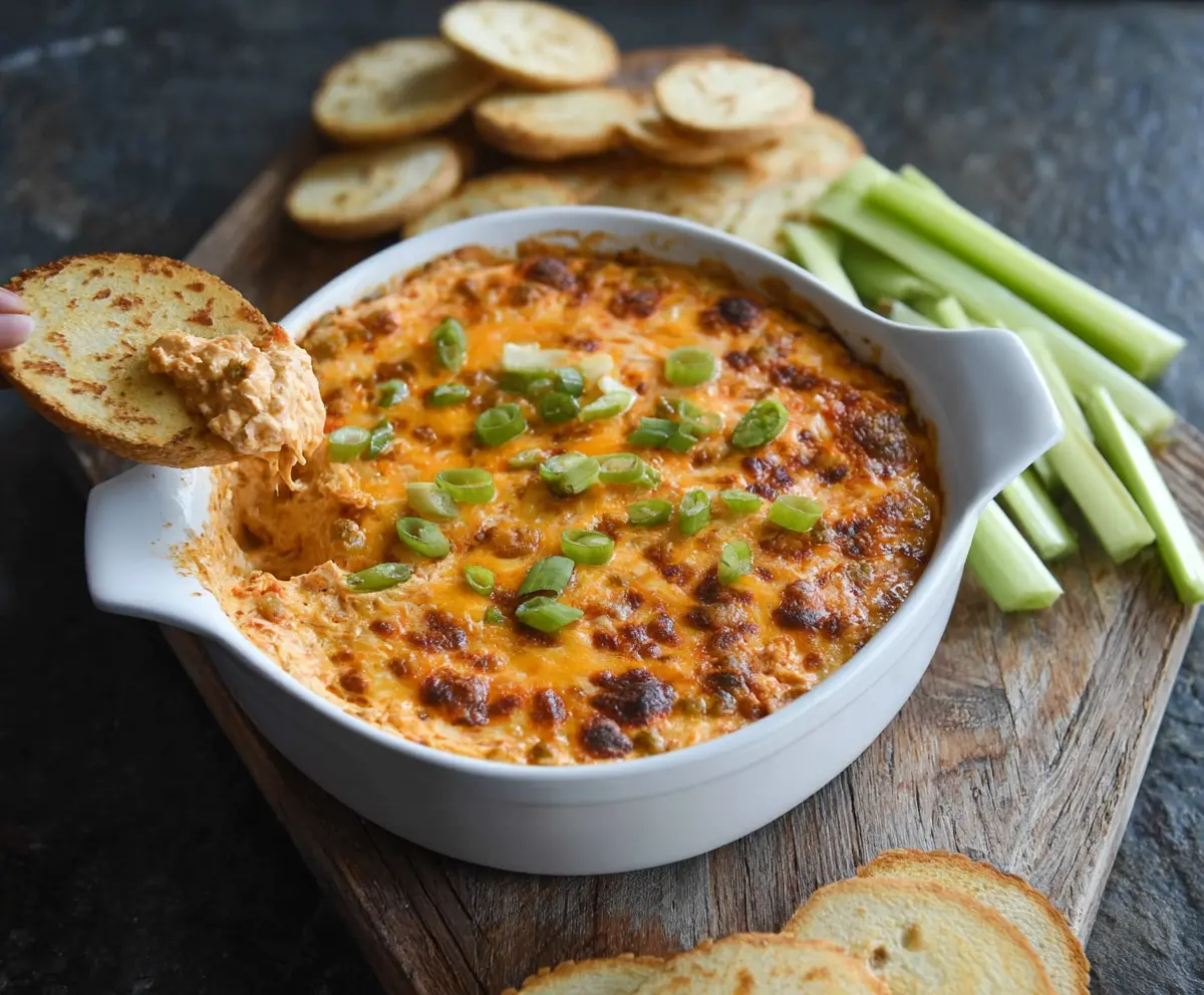 Delicious Buffalo Chicken Dip served in a bowl, perfect for parties and gatherings.