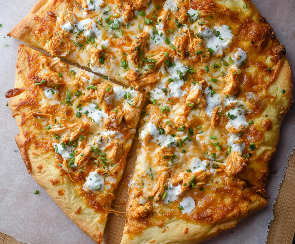Delicious buffalo chicken pizza topped with spicy sauce, melted cheese, and fresh herbs.
