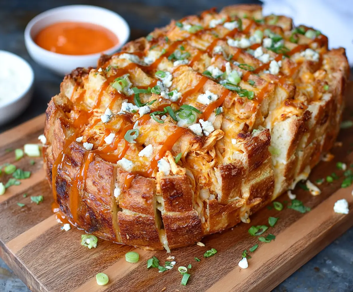 Delicious Buffalo Chicken Pull Apart Bread with gooey cheese and spicy buffalo sauce perfect for sharing.