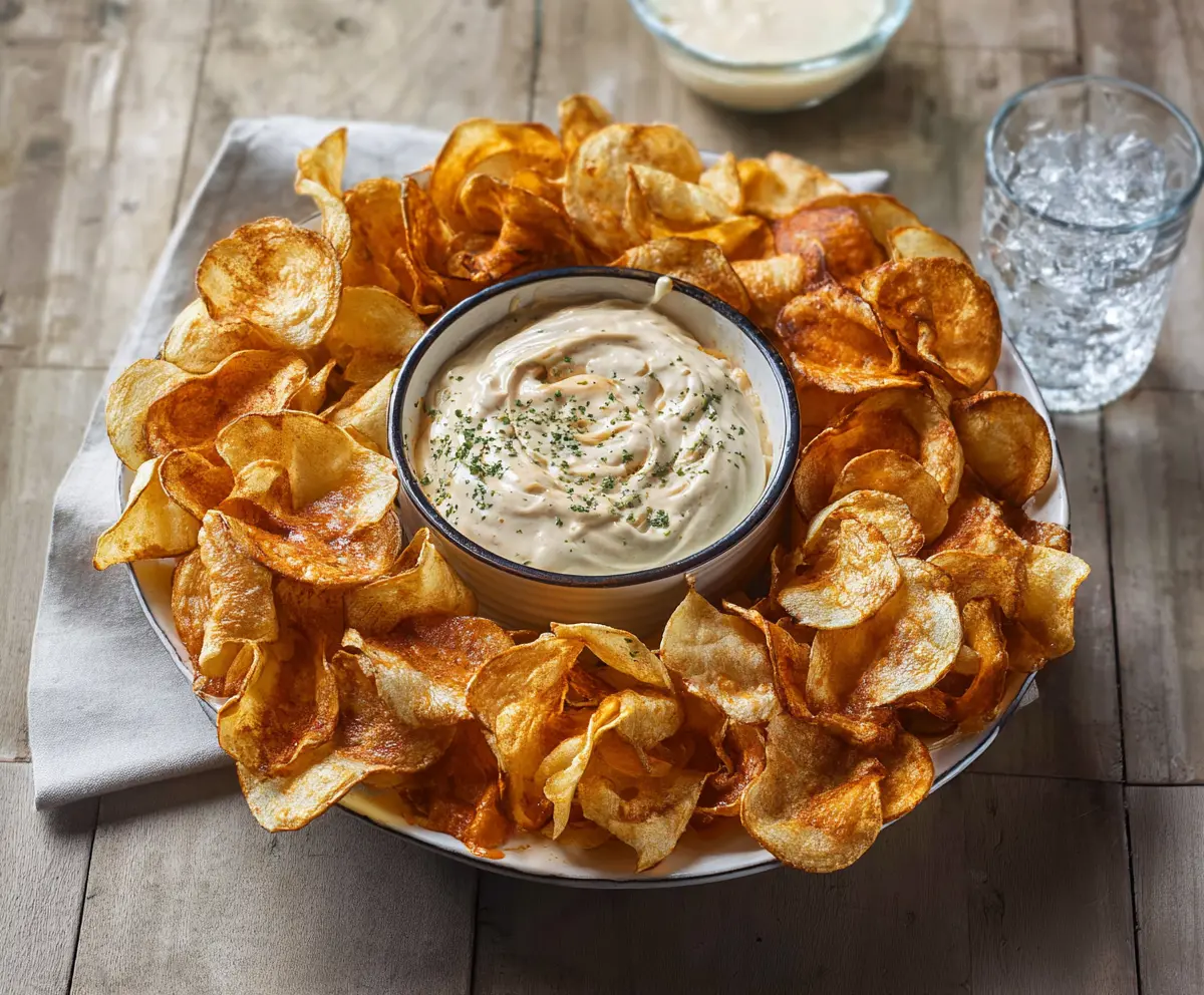 Crispy buffalo chips served with a spicy Louisiana hot dip in a colorful bowl.