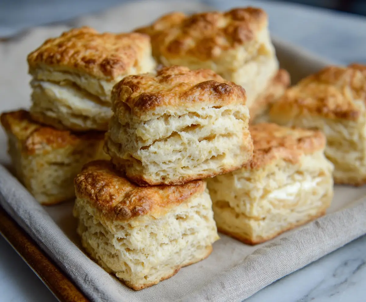 Buttermilk sourdough freezer biscuits fresh out of the oven, golden and flaky.