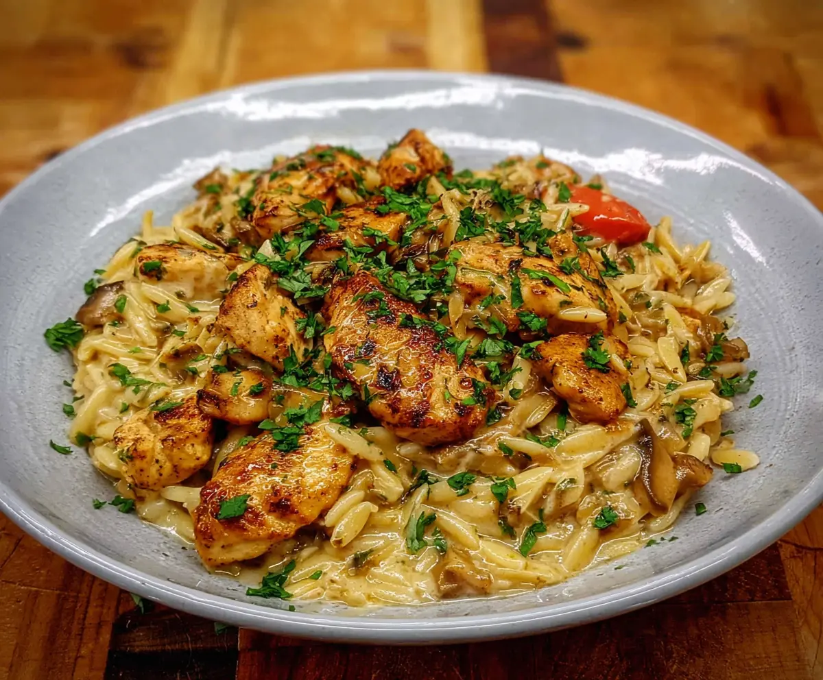 Delicious Cajun Chicken Alfredo Orzo served on a plate with creamy sauce and seasoned chicken pieces.