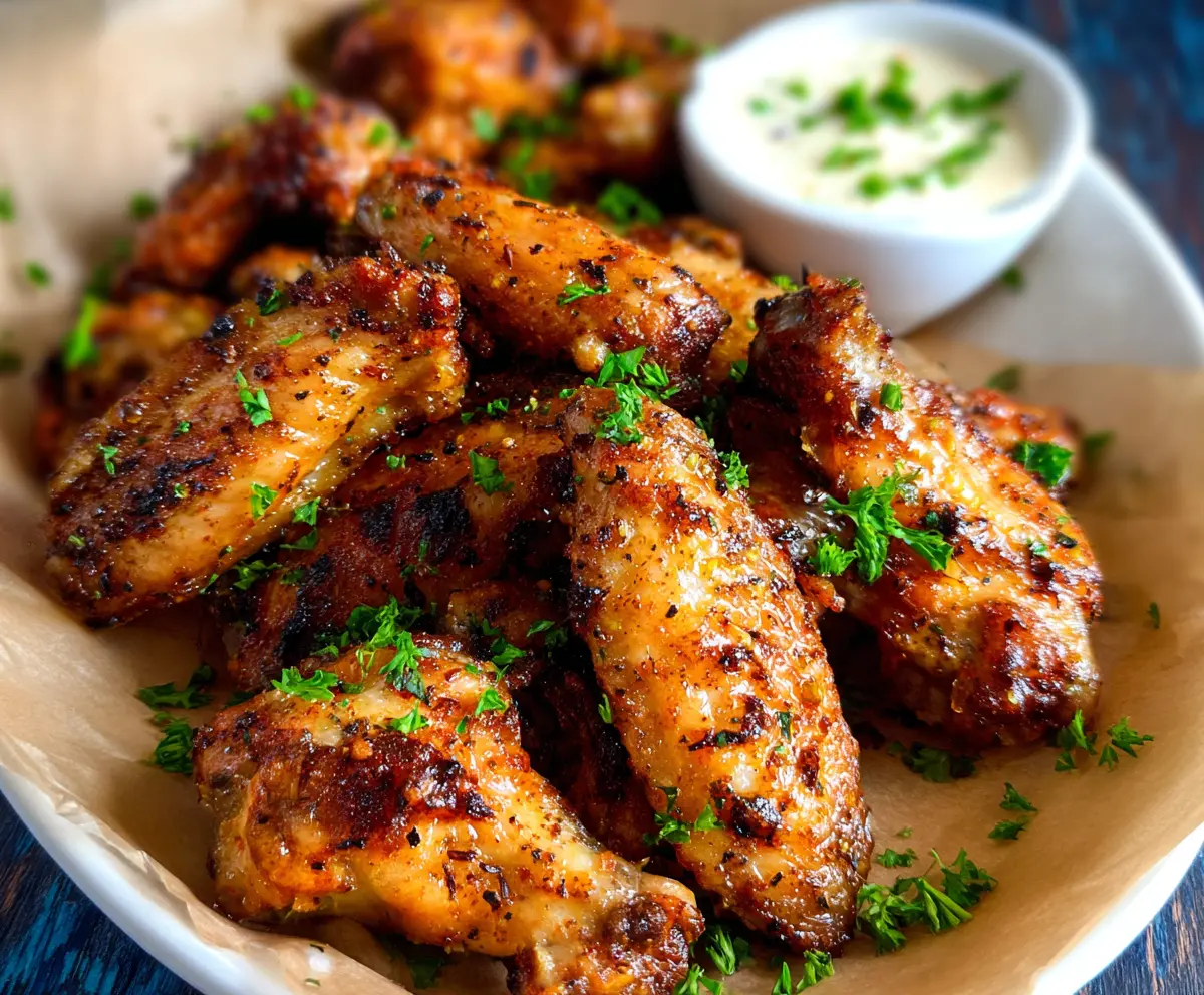 Juicy Cajun garlic chicken wings served on a plate with fresh herbs