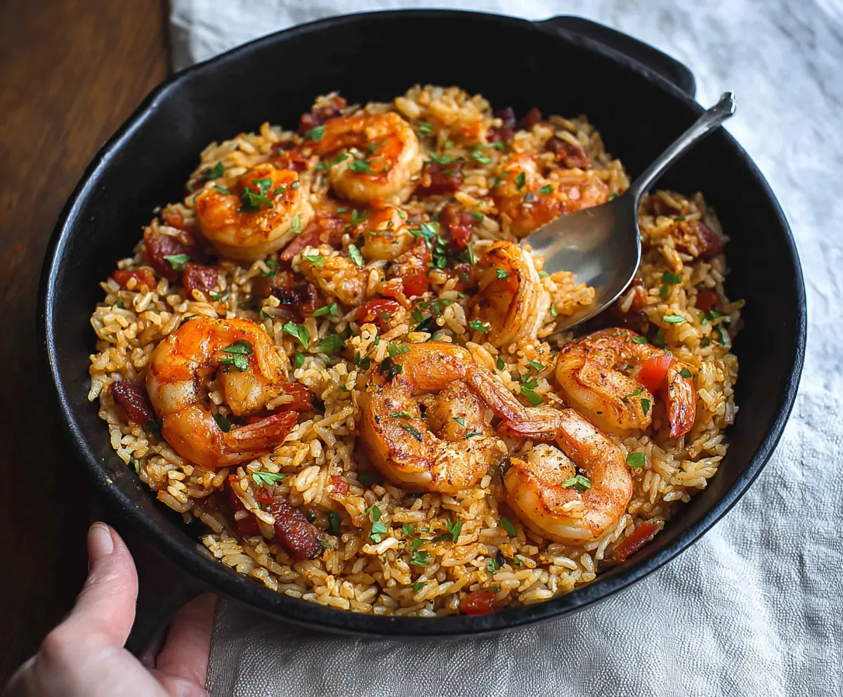 Delicious Cajun shrimp and rice skillet with vibrant spices and fresh herbs