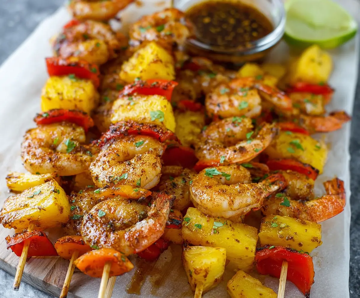 Delicious Caribbean Jerk Shrimp Skewers grilled to perfection with vibrant spices and herbs.