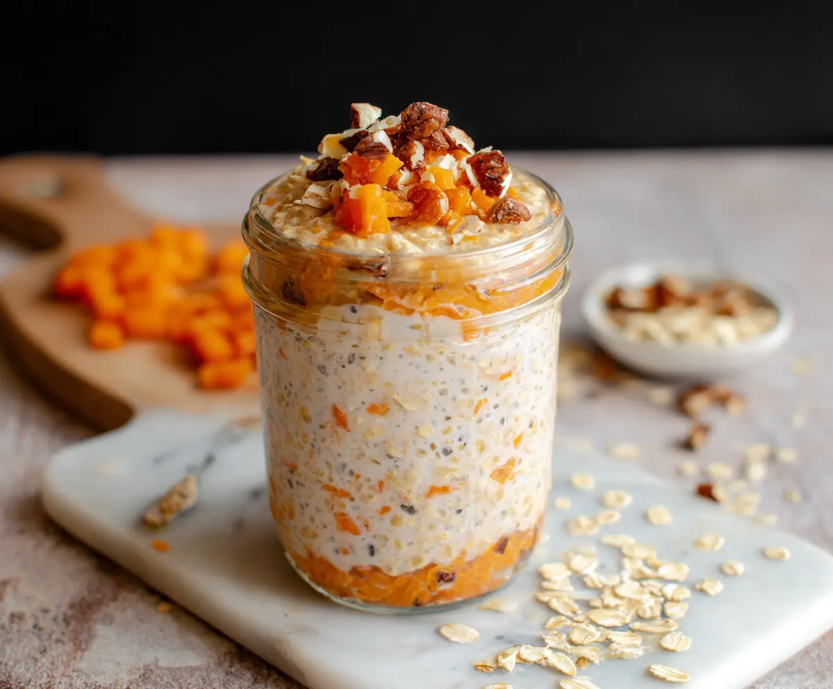 Healthy carrot cake overnight oats in a glass jar with shredded carrots and nuts for a nutritious breakfast.