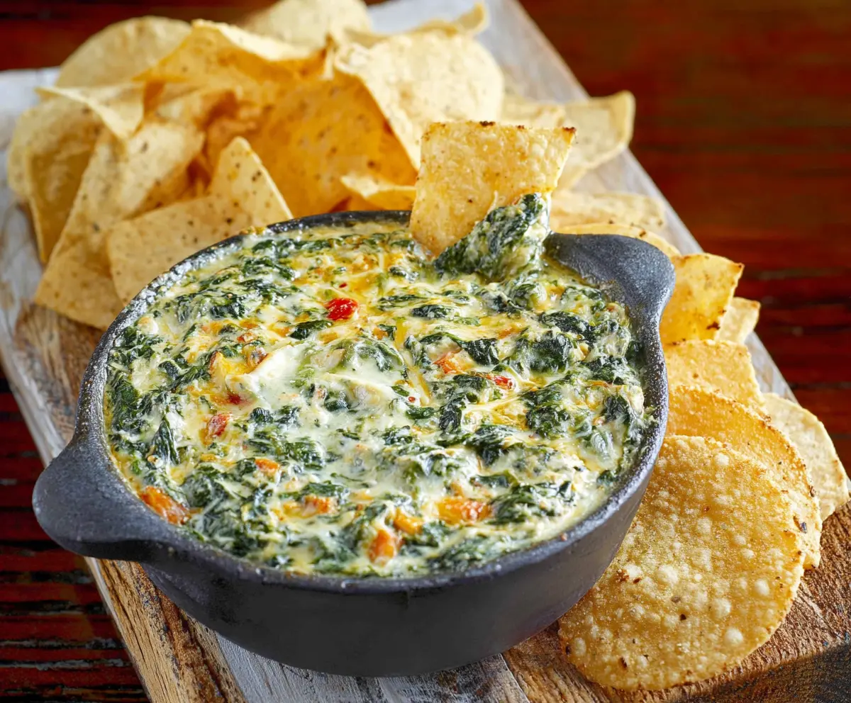 Delicious Cheddars Santa Fe Spinach Dip served in a bowl, topped with melted cheese and fresh herbs.