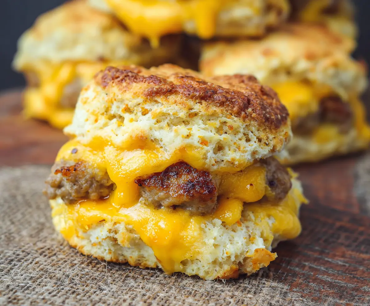 Delicious cheesy sausage biscuit fresh out of the oven, perfect for breakfast or brunch.