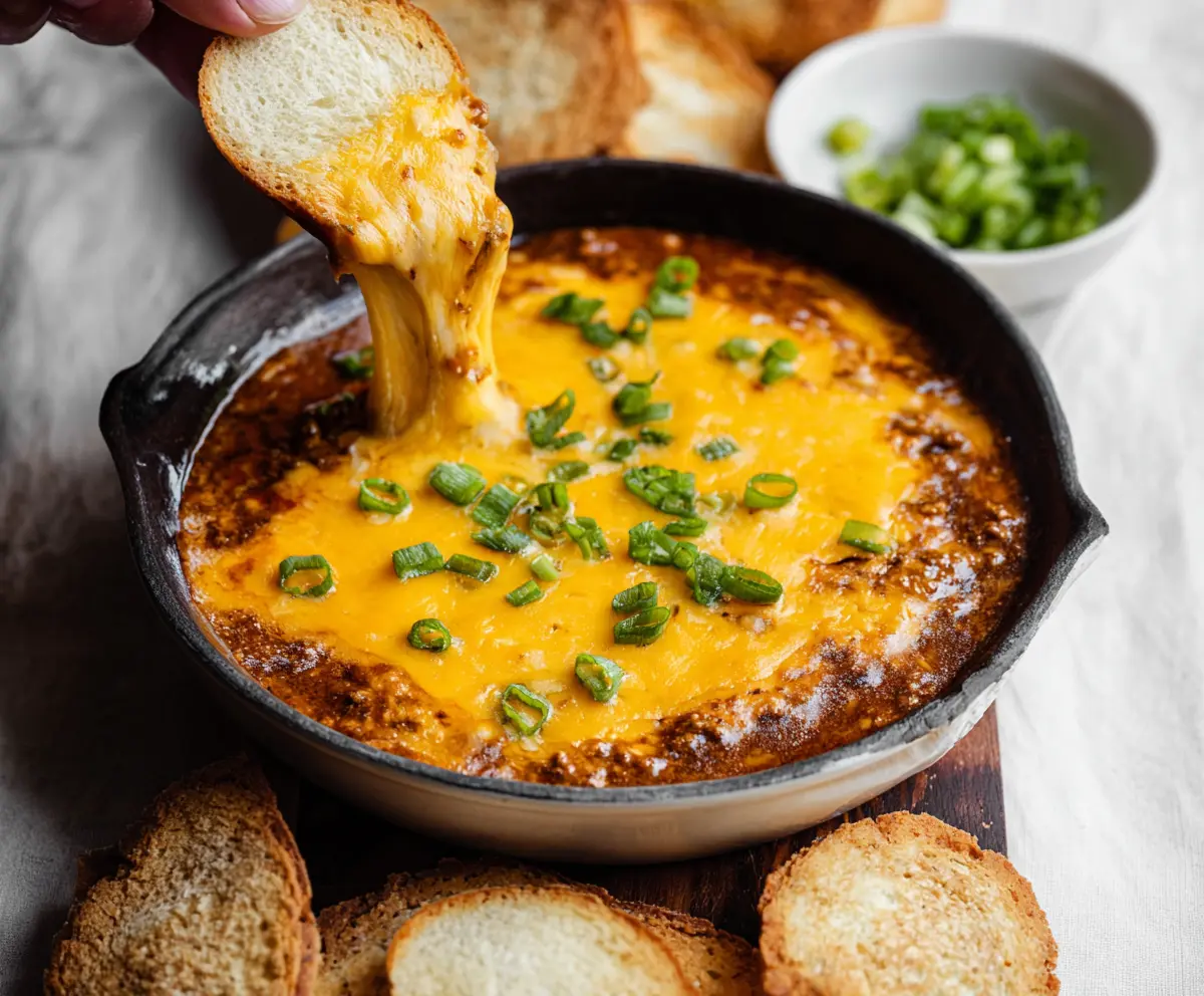 Creamy chili cheese dip served with crispy tortilla chips, perfect for parties and snacks