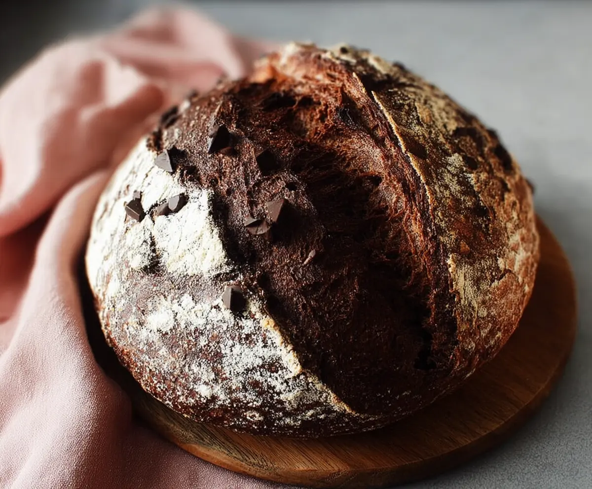 Homemade chocolate sourdough discard bread on a rustic wooden table, showcasing a golden crust and rich chocolate swirls.