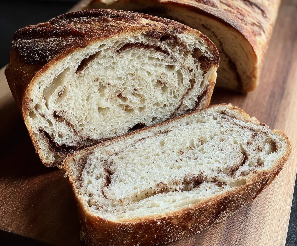 Golden cinnamon sugar swirl sourdough bread sliced to showcase its soft interior and spicy cinnamon topping.