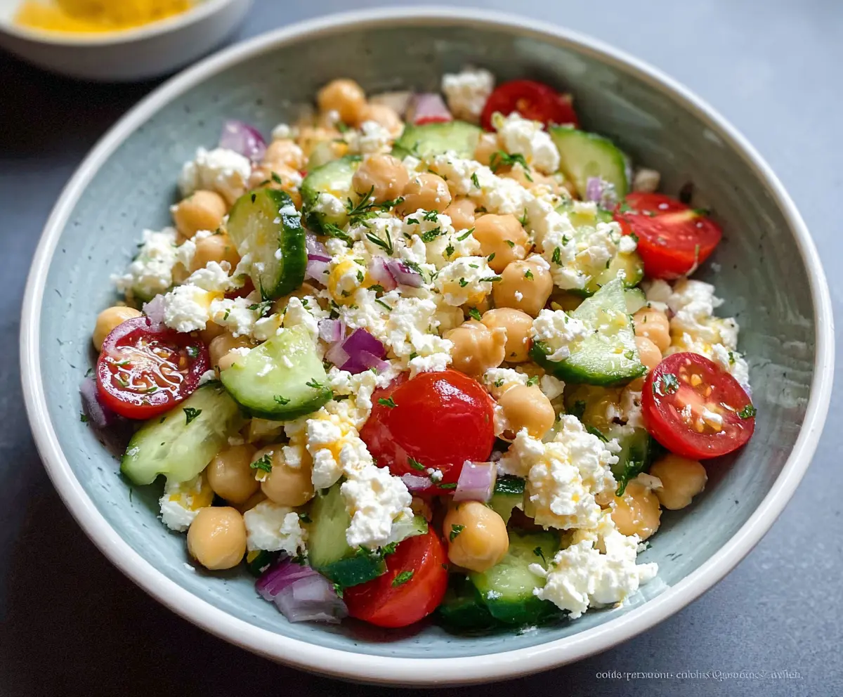 Fresh cottage cheese and chickpea salad with vegetables in a bowl, healthy vegetarian meal