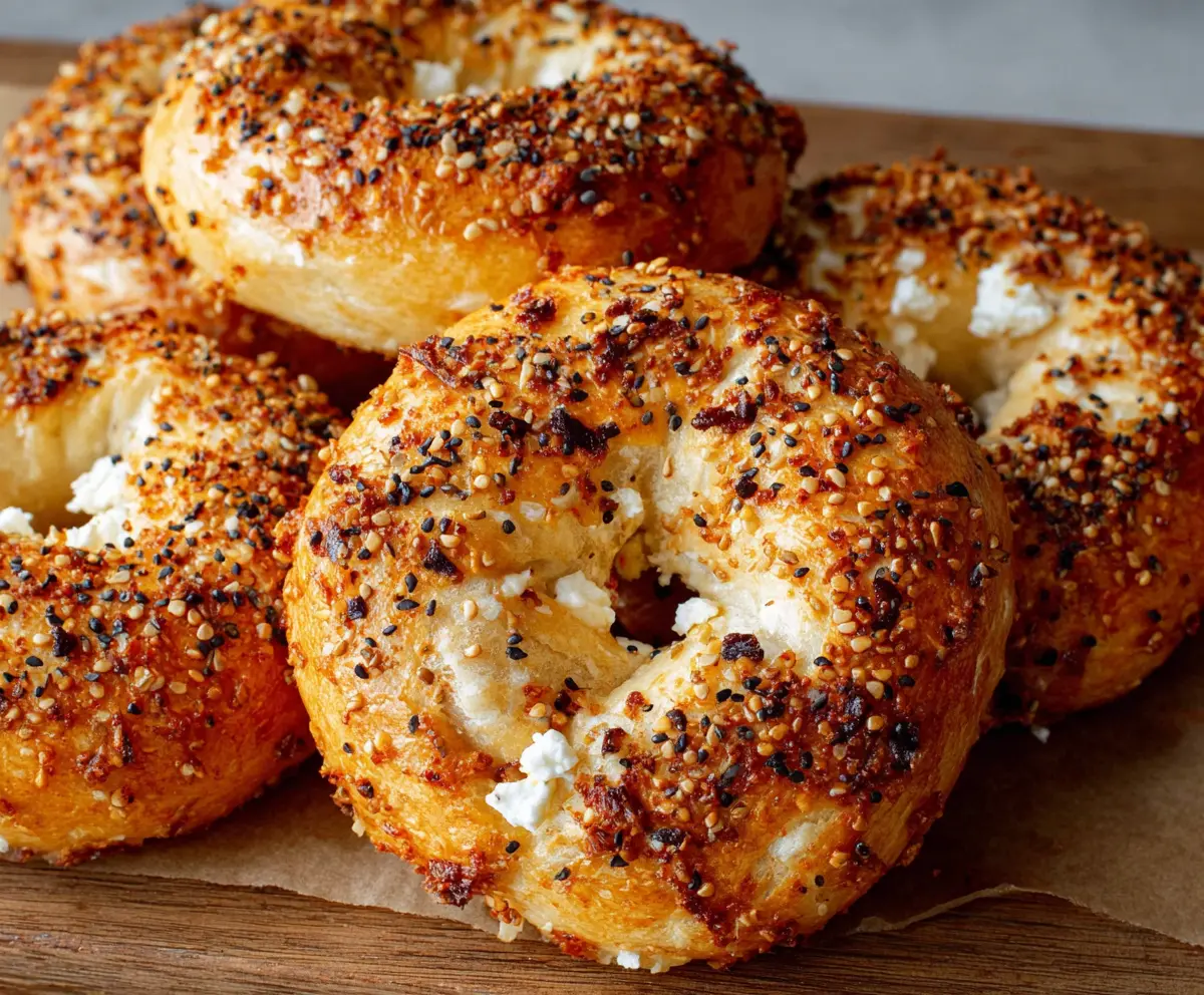 Delicious homemade cottage cheese bagels on a wooden board, ready to serve as a healthy breakfast option.