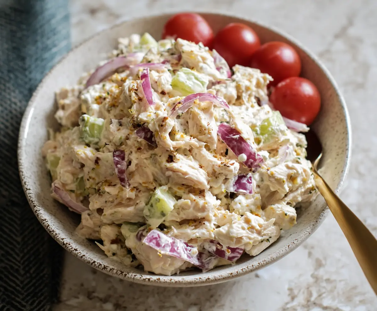 Delicious cottage cheese chicken salad garnished with fresh herbs on a white plate.