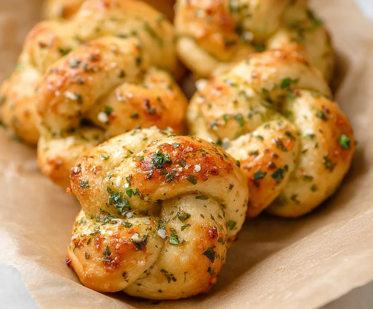 Delicious Cottage Cheese Garlic Knots fresh out of the oven with golden-brown crust and aromatic garlic topping