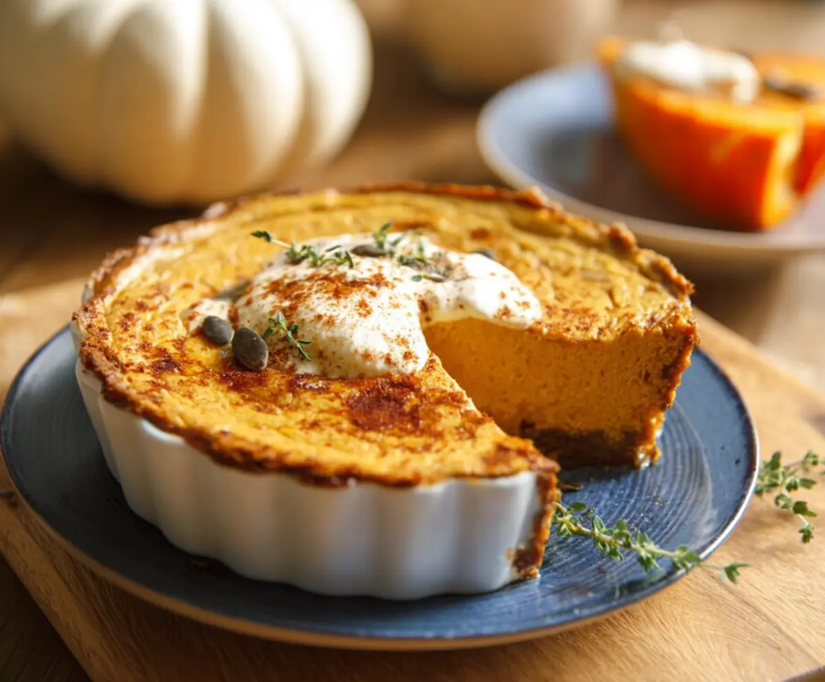 Creamy cottage cheese pumpkin bake topped with fresh herbs and spices.