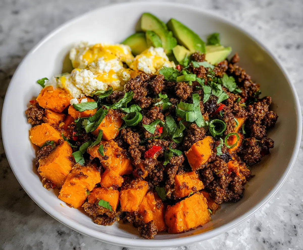 Delicious Cottage Cheese Sweet Potato Beef dish served on a plate with fresh herbs