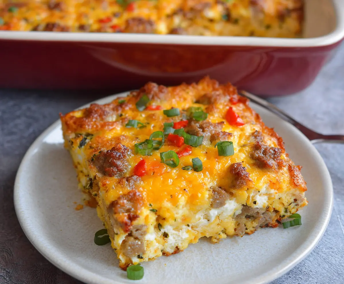 Delicious Cottage Cheese Turkey Sausage Breakfast Casserole topped with fresh herbs