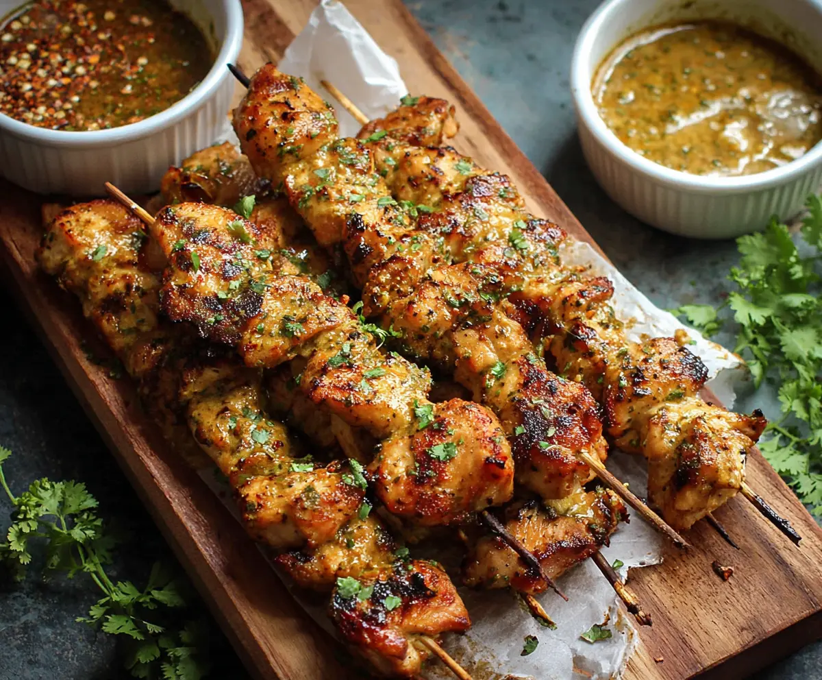 Juicy grilled chicken skewers topped with smoky cowboy butter sauce, served on a rustic plate.