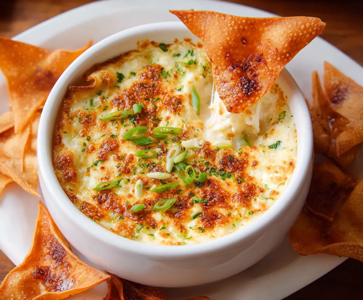 Delicious Crab Rangoon Dip served with crispy Wonton Chips, perfect for appetizers and parties.