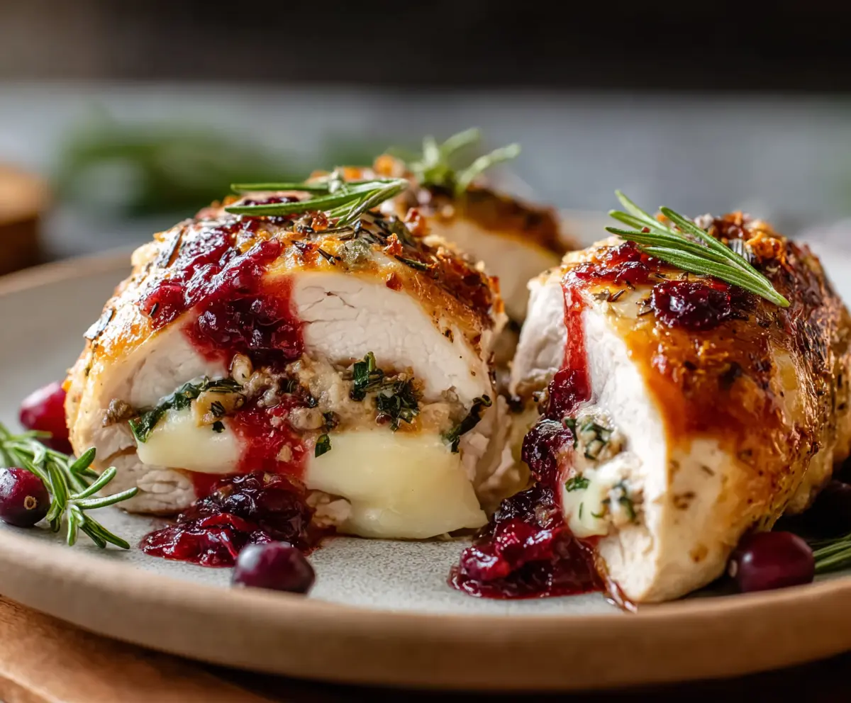 Juicy stuffed chicken breast filled with cranberry and melted brie cheese, served as a delicious Cranberry Brie Stuffed Chicken recipe.