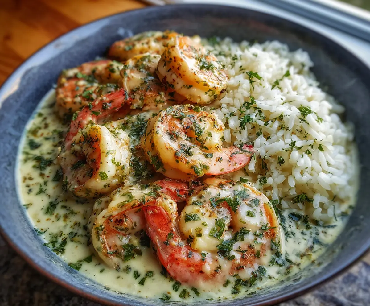Creamy garlic butter shrimp served in a bowl with herb rice and fresh herbs garnish.