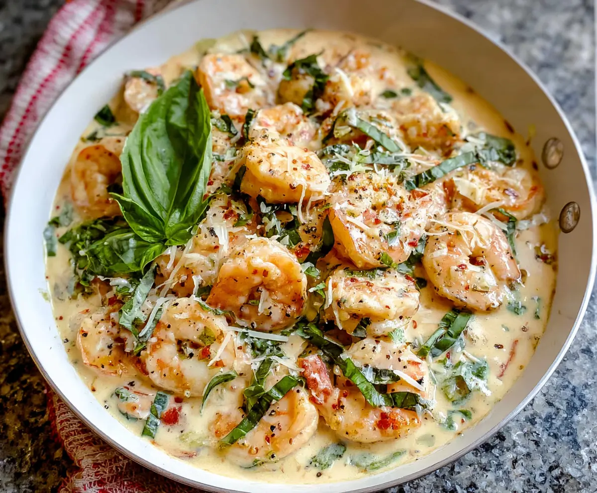 Delicious creamy parmesan basil shrimp served on a plate with garnishes