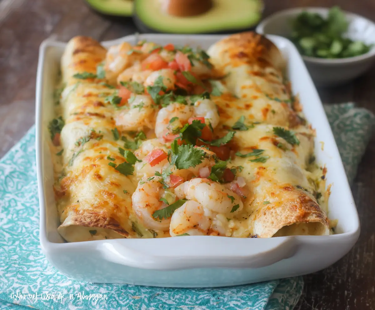 Delicious creamy shrimp enchiladas garnished with fresh cilantro on a rustic plate.
