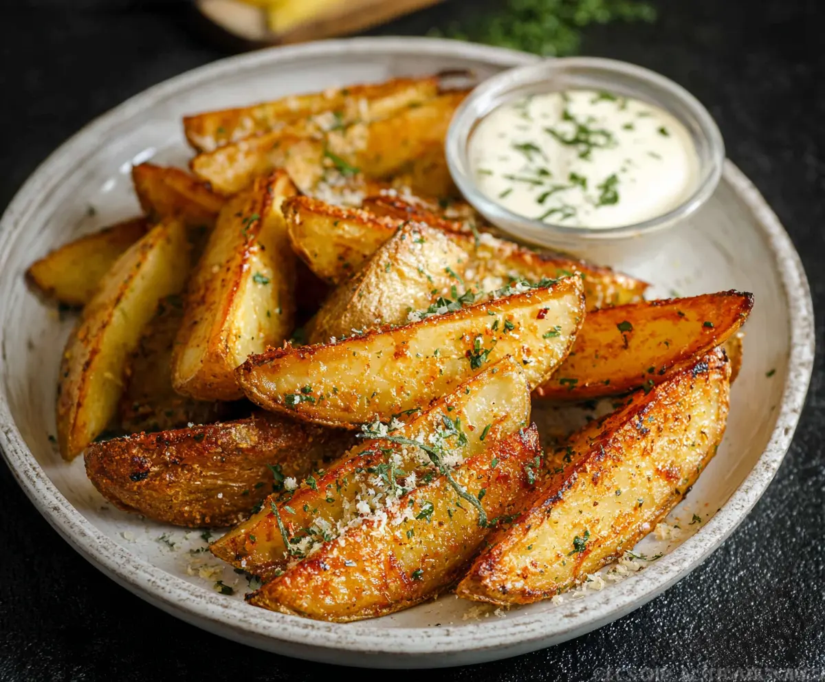 Golden and crispy seasoned potato wedges served with a side of ketchup for a delicious snack.