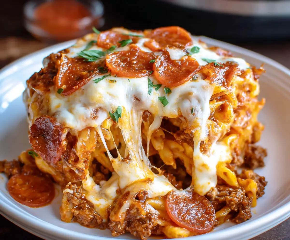 Delicious crockpot pizza casserole with melted cheese, pepperoni, and savory toppings in a slow cooker.