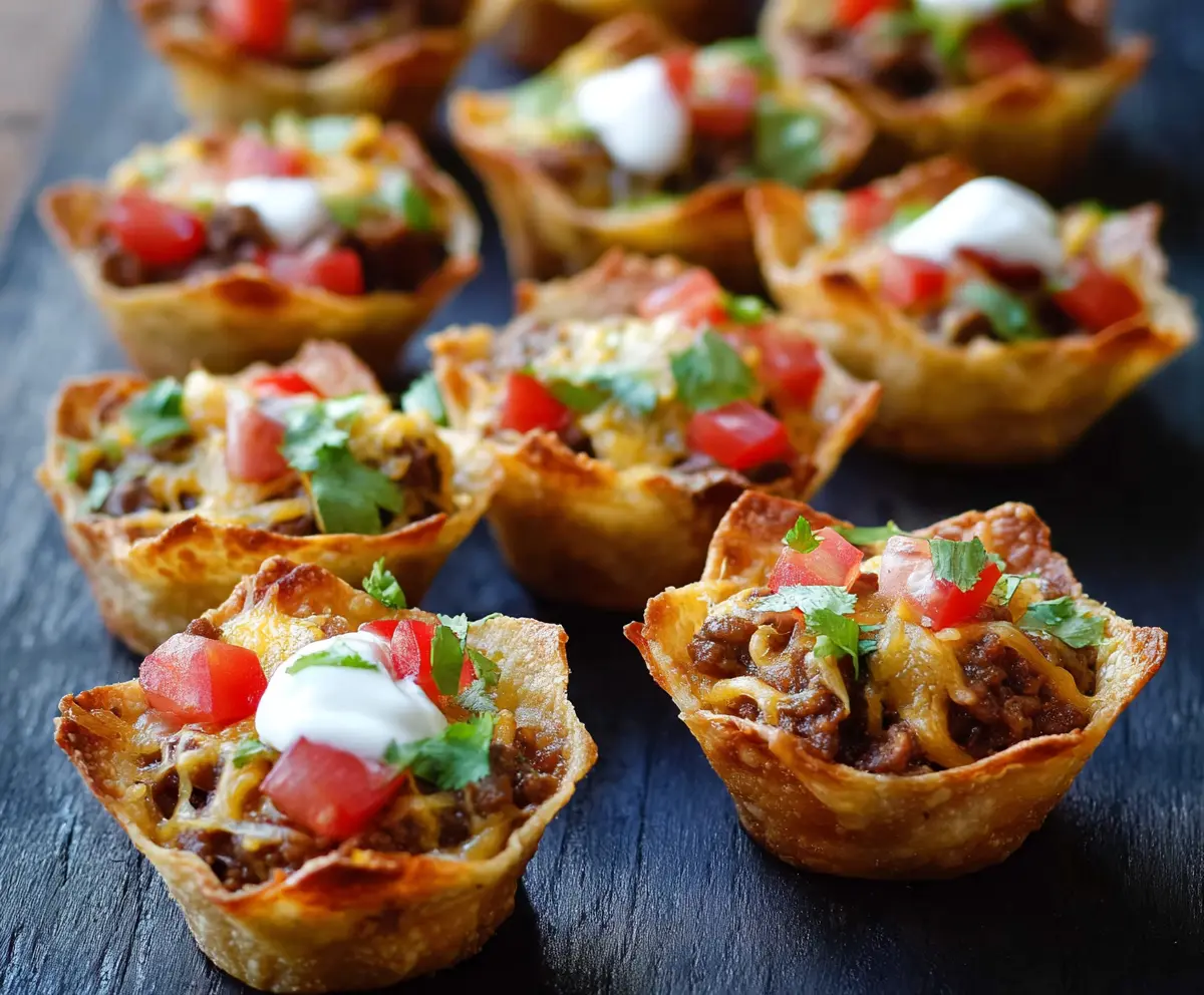 Crispy nacho cups filled with melted cheese and topped with jalapenos on a colorful plate.