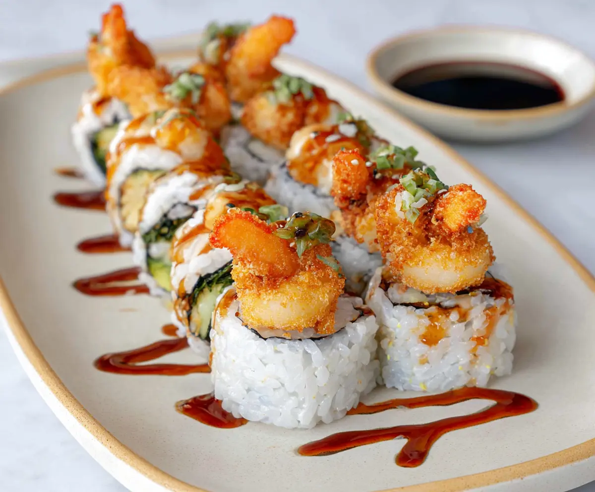 Crunchy shrimp tempura sushi roll with fresh vegetables and rice.