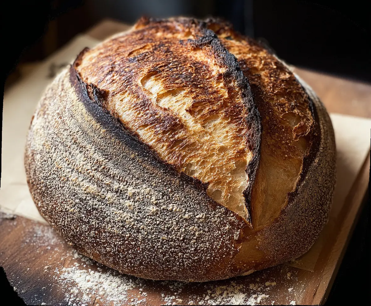 Golden crust sourdough bread with coffee on a rustic table, perfect for breakfast or brunch.